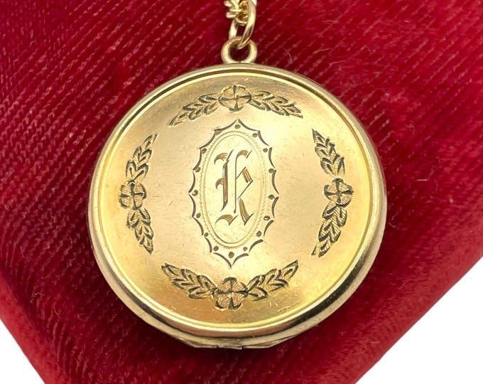 Antique 10K Gold Filled Locket Necklace - Letter K Monogram on 14K GF Chain Vintage Photo Pendant Estate Jewelry