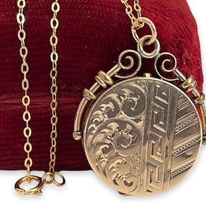 Antique Round Gold Filled Etched Fob Pendant w/ Ornate Bale - Necklace 14K GF Chain & Monogram CM - Estate Jewelry Victorian Vintage ca 1900