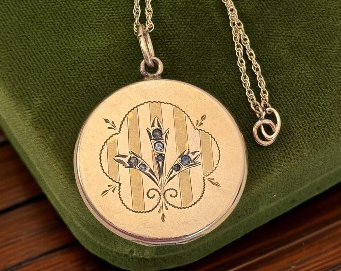 Antique Art Nouveau Gold Filled Locket Round 2 Photo Pendant on 14K GF Chain - Vintage 7 Paste Stones on Etched Design & Engraved  D Initial