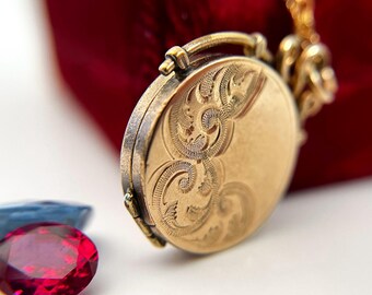Antique Gold Filled Etched Locket Necklace: 14K GF Chain, Edwardian Fob, SKM Hallmark