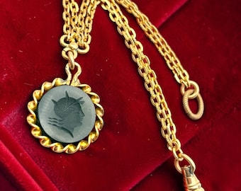 Antique Gold Filled Watch Chain Bracelet, Black Onyx Intaglio Hermes Charm, SOB CO
