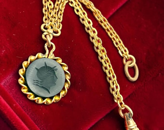 Antique Gold Filled Watch Chain or Bracelet, Dog Chain Clasp, Black Onyx Intaglio Hermes Charm by SOB CO, Early 1900s, Vintage Jewelry