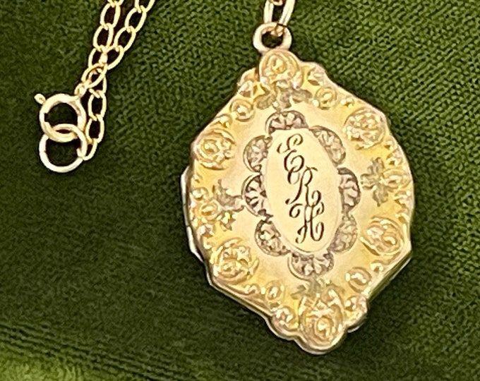 Vintage 10K Gold Filled Locket Necklace: Etched Monogram, 14K GF Chain