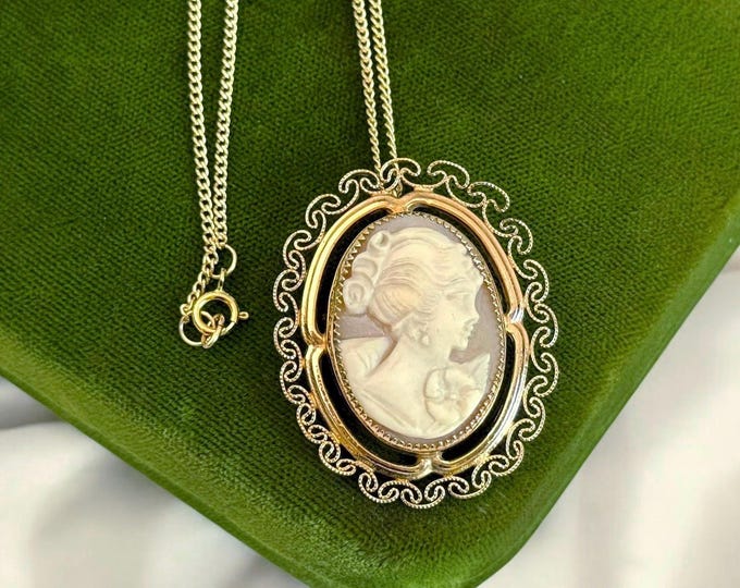 Vintage Gold Filled Cameo Pendant Necklace w/ Ornate Frame - Convertible Oval Pin Brooch on 14K GF Chain - Retro Estate Jewelry w/ Hallmark