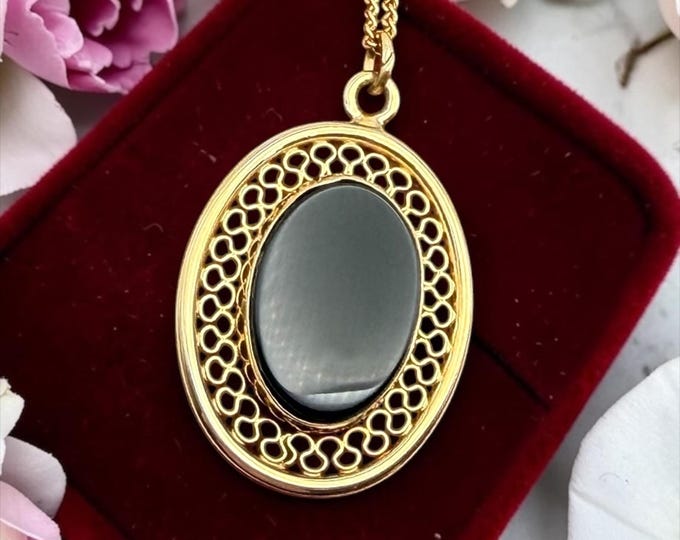 Vintage Black Onyx Pendant Necklace - 12K Gold Filled Filigree Oval 1960s Jewelry by A&Z