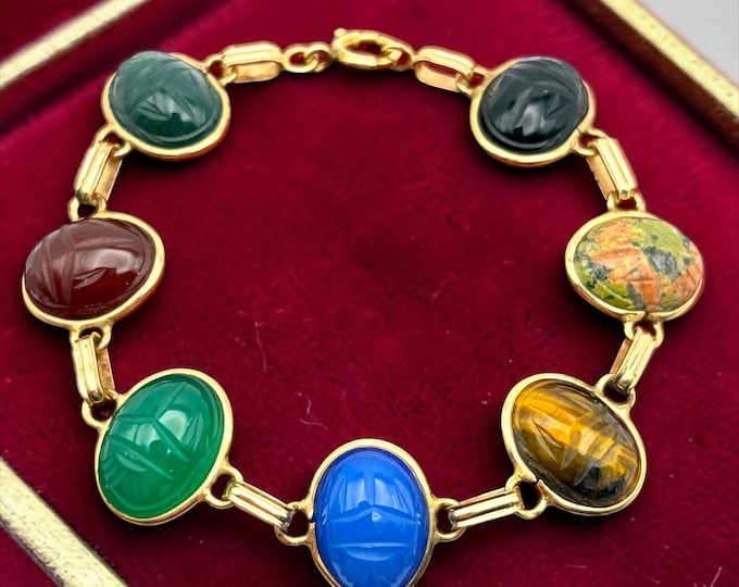 Genuine Vintage 12K Gold Filled Scarab Bracelet: Mid Century Egyptian Revival Jewelry, Carved Gemstone Multicolor Bracelet by EAH