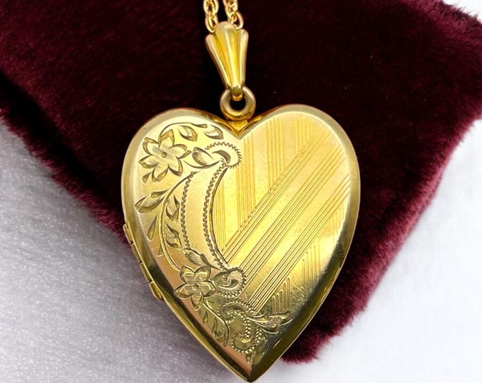 Large Vintage Gold Filled Heart Locket - MG from EG 2-14-41 Speidel Etched Flowers 12K GF Necklace Keepsake Photo Pendant Jewelry Retro Gift