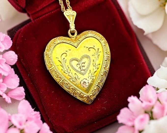 Vintage 12K Gold Filled Heart Locket Necklace – Etched Floral Monogram E, WH Hallmark