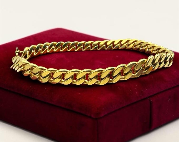 Vintage 14K Gold Filled Curb Chain Bracelet - Miami Cuban Chain Flat Links Fashion Accessory, Minimalist Layering Jewelry, 8” long, Unisex