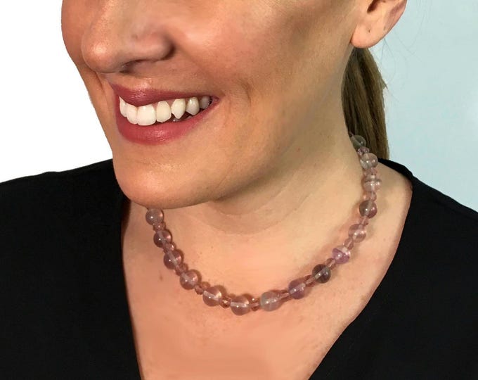 Vintage Fluorite Choker - Lavender, Pink, Green Round Gemstone Beads w/ Round Faceted Spacers - 16" Mid century Style Necklace Marked 925