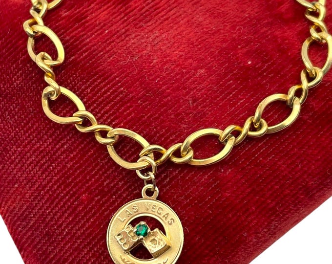 Vintage 12K Gold Filled Charm Bracelet - with Las Vegas Lucky 7 Dice Green Stone Specialty Link Chain Retro Mid Century Estate Jewelry 1950s