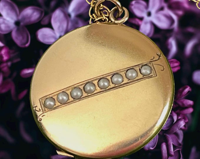 Art Deco 10K Gold Filled Locket - Round 2 Photo Necklace w/ Seed Pearl and Etched Accent on 14K GF Chain - Ca 1920s Estate Jewelry