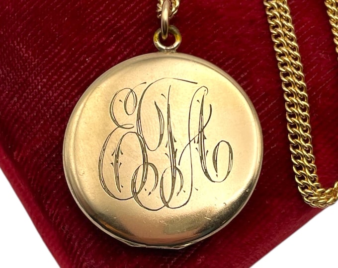 Antique LARGE Gold Filled Locket - Round Bates Bacon B&B Round Necklace 14K GF Chain ETA Monogram - Estate Photo Jewelry 1910s Gift for Her