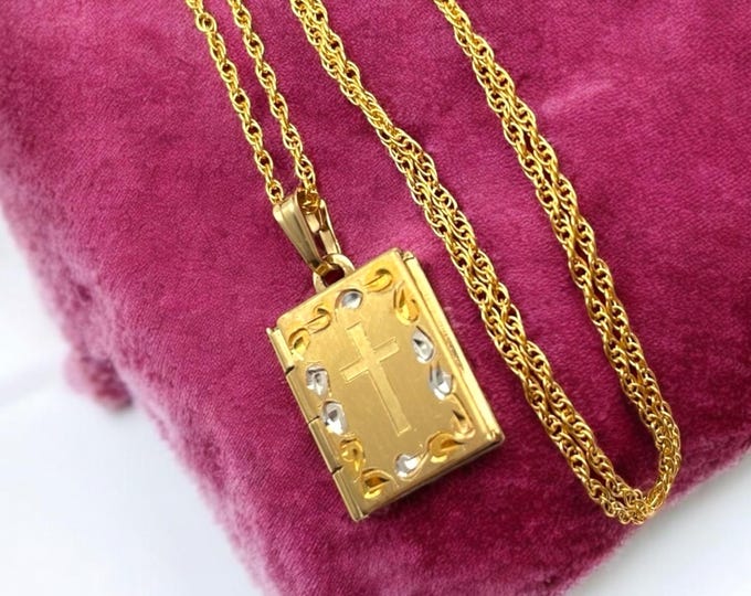 Vintage Gold Filled Cross Book Locket - TK Tru-Kay Bible Etched 14K GF Necklace Pendant Keepsake Photo Girl Child's Jewelry Gift for Her