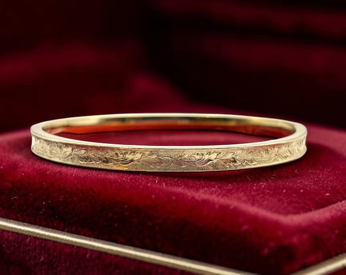 Vintage 12K Gold Filled Bangle Bracelet - Thin Bracelet Etched Floral Leaf Design by Marathon, Minimalist Layering MCM Jewelry, Gift for Her
