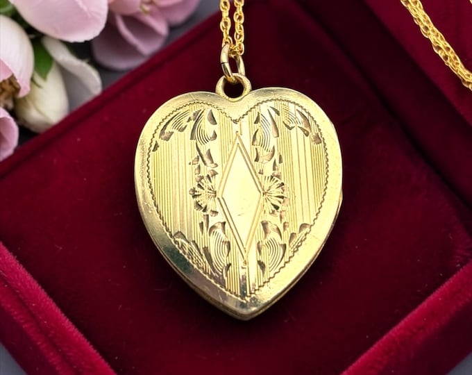 Vintage LeStage Gold Filled Heart Locket Necklace: Etched Floral Design, WWII Era