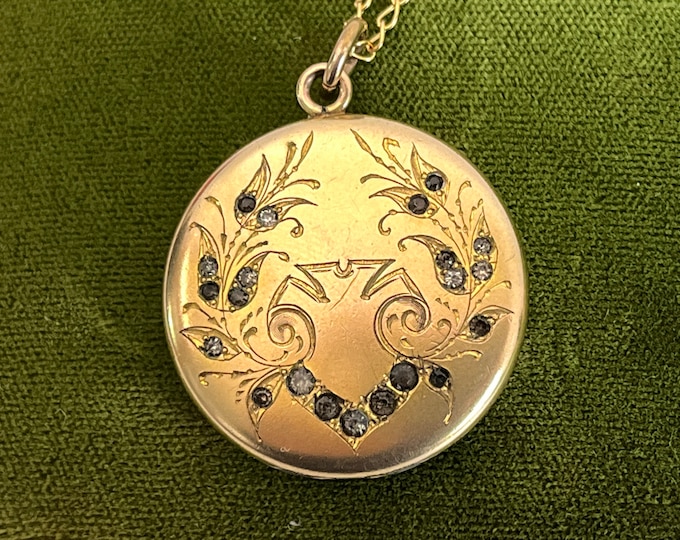 Antique Gold Filled Round Locket w/ Paste Stones W&H CO Hallmark on 14K GF Specialty Chain - Vintage 2 Photo Pendant - ca Early 1900s