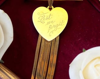 Vintage 12K Gold Filled Brooch Pin - T-Bar and Heart with Tassels Engraved "Lest We Forget" by Forstner, Military Service War Remembrance