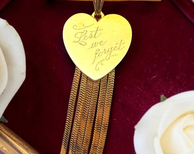 Vintage 12K Gold Filled Brooch Pin - T-Bar and Heart with Tassels Engraved "Lest We Forget" by Forstner, Military Service War Remembrance