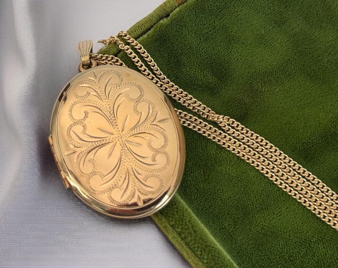 Vintage WINARD 10K Gold Filled Locket Necklace: Engraved Oval Pendant, 14K GF Chain
