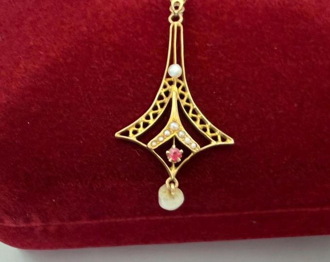 Edwardian 10K Gold Lavaliere Pendant – Red Paste Gem, Seed Pearl, Baroque Pearl