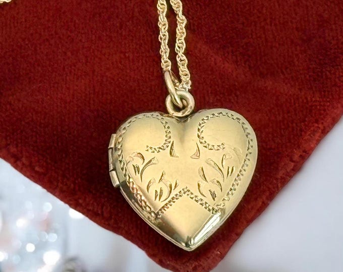 Vintage Gold Filled Heart Locket - Etched Lines Swirls, Necklace Pendant on 14K GF chain