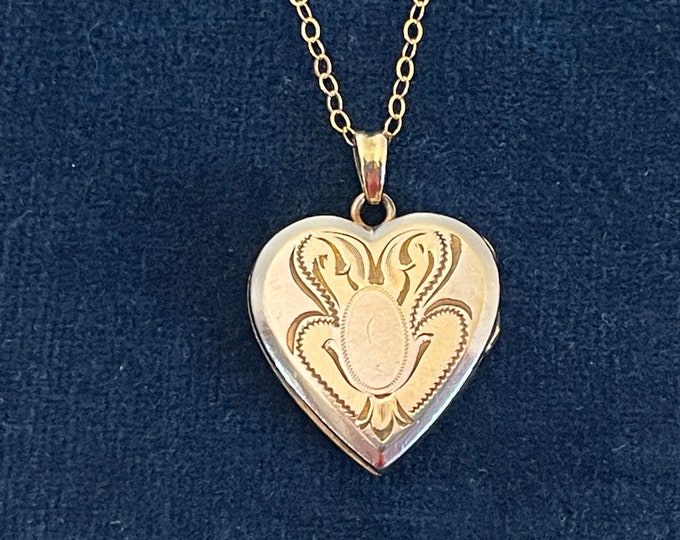 Vintage 12K Gold Filled Heart Locket Necklace: Etched Photo Pendant, 14K GF Chain