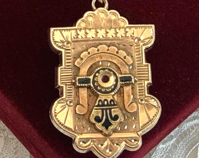 Antique Locket Necklace w/ Black Enamel Red Stone on 14K Gold Filled Chain, Victorian Etruscan Pendant