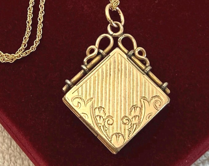 Antique Etched Gold Filled Square Locket, Ornate Bale, 2 Photo Wells, 14K GF Chain, TB Mark