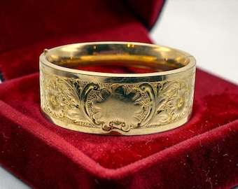 Vintage Gold Filled Bangle: Thick Etched Floral Bracelet, Victorian Edwardian Jewelry ACCO