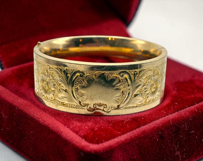 Vintage Gold Filled Bangle: Thick Etched Floral Bracelet, Victorian Edwardian Jewelry ACCO