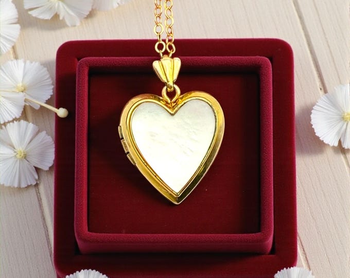 Vintage 12K Gold Filled Heart Locket Necklace: Simulated Mother of Pearl, Speidel Jewelry