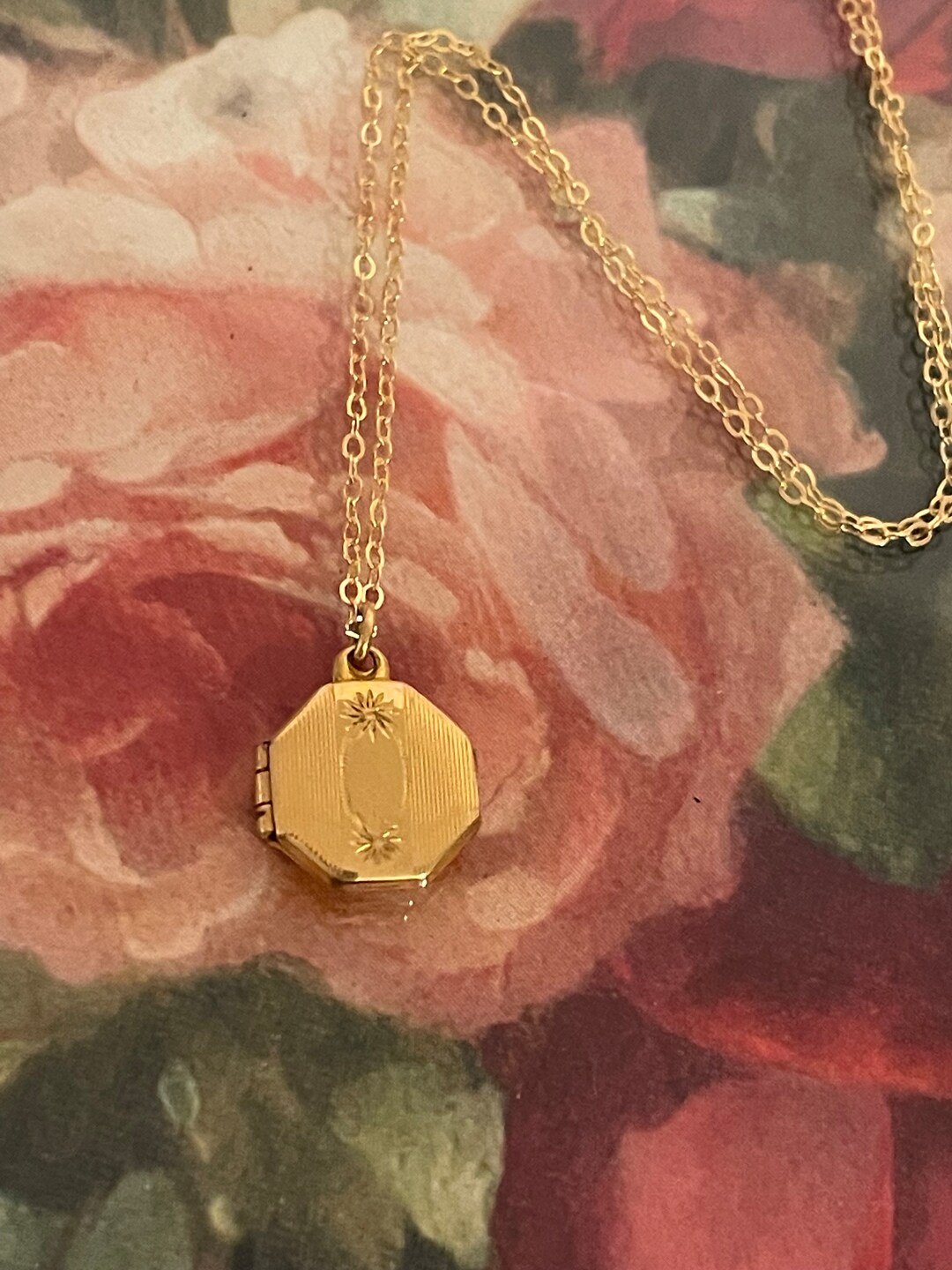 Vintage 12K Gold Filled Octagon Girls Necklace 14K GF Chain H F Barrows Hallmark Etched Child's