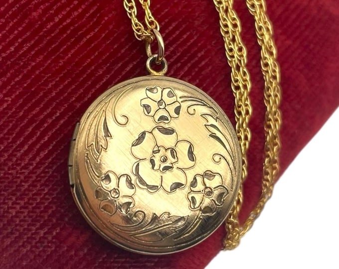 Vintage Yellow Gold Filled Etched Round Locket - Floral Flowers on 14K GF Chain 1960s Retro Photo Pendant Necklace Jewelry Gift for Her