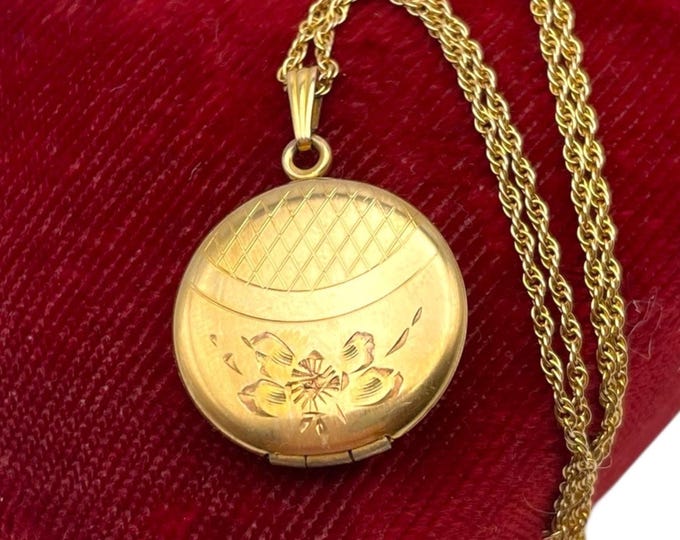 Vintage 12K Gold Filled Round Locket Necklace - Etched Flower Floral Photo Charm Pendant on GF Chain - ASM  AMS Monogram Estate Jewelry Gift