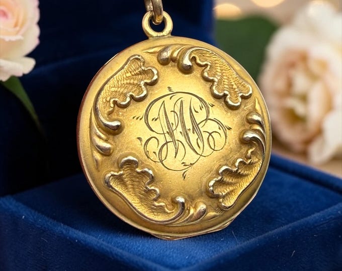 Antique Art Nouveau Locket: Vintage Gold Filled Necklace Large Round Repousse Monogrammed MB Photo Pendant, 14K GF Chain
