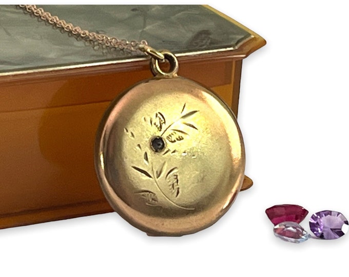 Vintage Round Brass Slide Locket Necklace -  Etched Pendant w/ Clear Paste Stone - Art Nouveau Floral Antique 2 Photo - Estate Jewelry