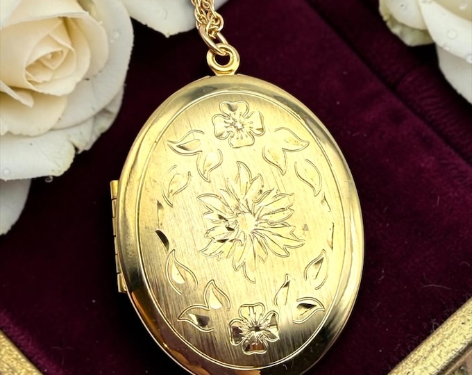 LARGE Vintage Gold Filled Oval Locket – 12K GF Etched Pendant Necklace on 14K Gold Filled Chain, Memorial Jewelry, Gift for Her