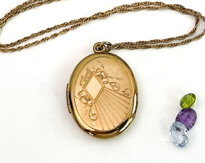 Vintage 12K Gold Filled Etched Oval Flower Locket Necklace - Mid Century Pendant 2 Picture Photo Estate Jewelry Retro Era - RINE Hallmark