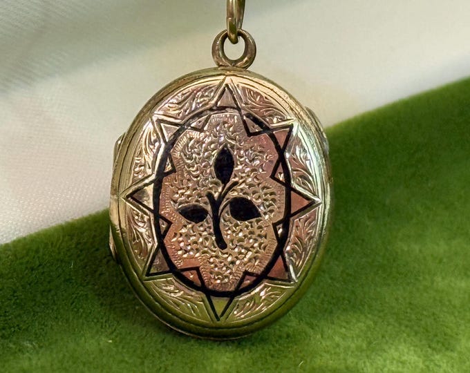 Victorian Oval Mourning Locket w/ Black Enamel: 14K Gold Filled Chain Antique Estate Jewelry