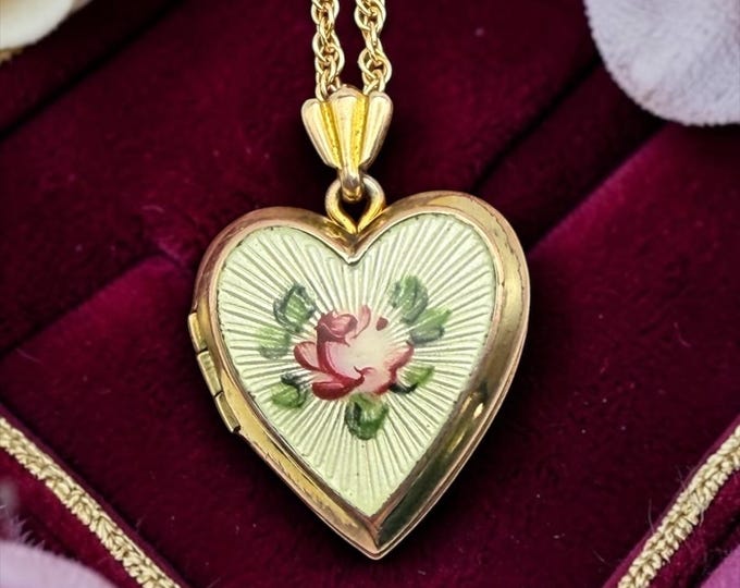 Vintage Guilloche Heart Locket - 12K Gold Filled Necklace by Speidel Painted Rose Flower Photo Keepsake on 14K GF Chain, Memorial Jewelry