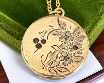 Antique Gold Filled Round Locket Necklace - RBM Little Beatrice Etched Paste Flower Floral - 2 Photo Pendant on 14K GF Chain Ca Early 1900s