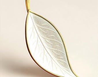 Vintage White Guilloché Enamel Leaf Brooch – Gilded Sterling Silver Danish Pin