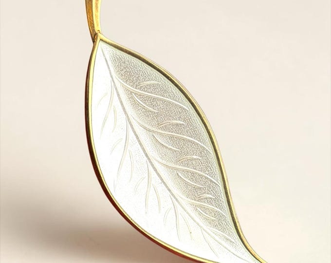 Vintage White Guilloché Enamel Leaf Brooch - Gilded Sterling Silver 925 Brødrene Bjørklund 1960s Mid Century Modern Mod Danish Pin Jewelry