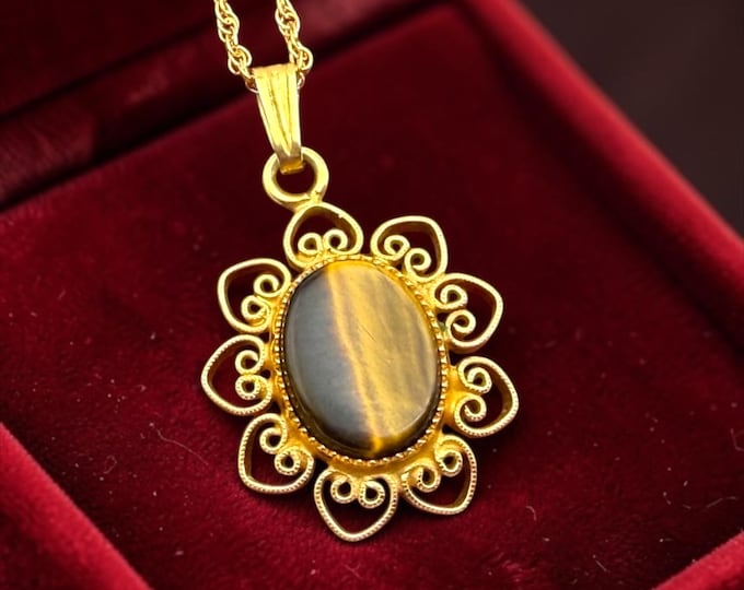 Vintage 12K Gold Filled Tiger's Eye Pendant Necklace: Filigree Edges, 14K GF Chain