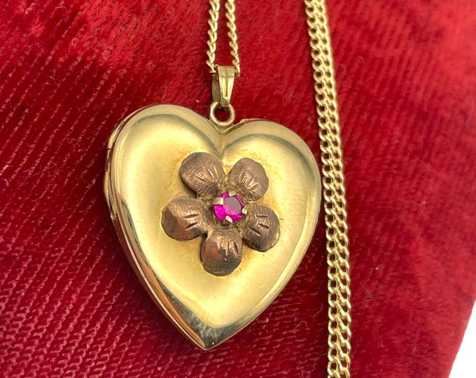 Vintage Gold Large Heart with Pink Sapphire Locket - Raised Flower by Prize Creations 10K Gold Necklace Pendant Keepsake Photo Jewelry Gift