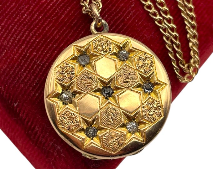 Antique Edwardian Round Gold Filled Locket - 12K GF Chain Photo Pendant Necklace Star Starburst Paste Stones Rhinestone Etched Design SB CO