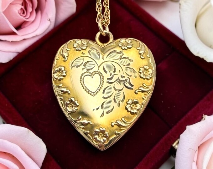 Antique Gold Filled Heart Locket – Etched Floral Photo Pendant Necklace, Bates & Bacon