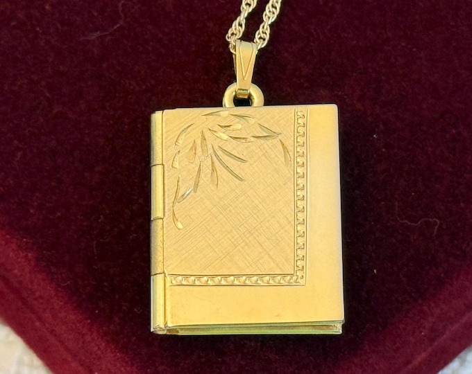 Vintage 12K Gold Filled Book Locket Necklace: Etched Memorial Jewelry, 14K GF Chain