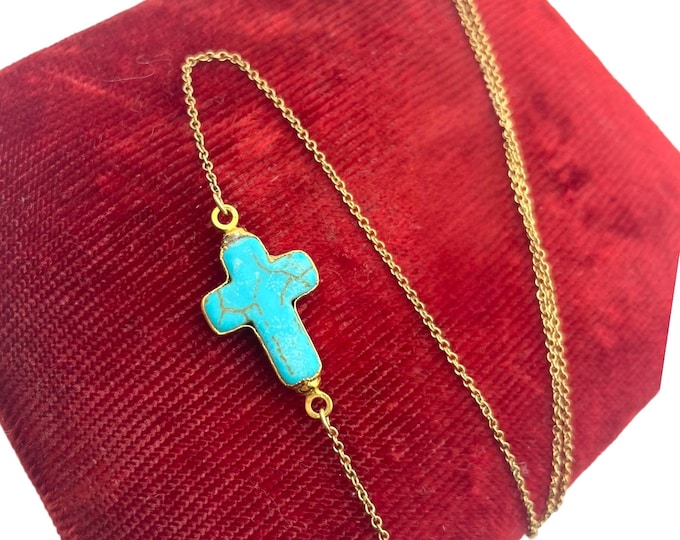 Vintage Gold Filled Turquoise Cross - Blue Stone Sideways Necklace 14K GF Chain Retro Religious Christian Pendant Jewelry Gift for Her